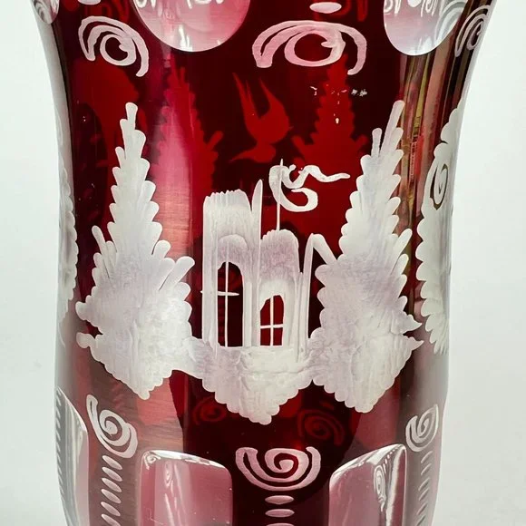 Vtg Egermann Vase Bohemian Ruby Red Cut To Clear Etched Glass Castle Bird Czech